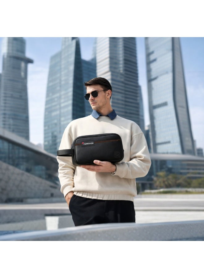 FERROHIDE Genuine Leather Toiletry & Travel Organizer Bag for Men - Genuine Leather Multi-Purpose Organizer Bag – Compact Travel Pouch for Phone, Power Bank, Wallet, & Earphones – Black - Image 4